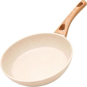 Frigideira de Cerâmica Antiaderente Premium Grande com Cabo Efeito Madeira, Fundo para Indução, Compatível com Fogão a Gás e Elétrico, Cozinha Saudável, Frita Sem Óleo, Alta Durabilidade Bege