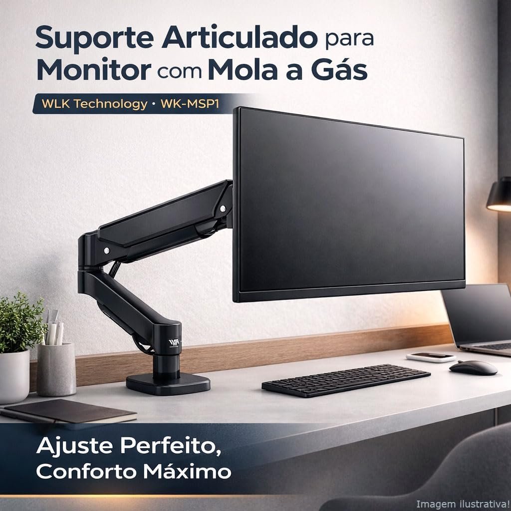 WK-MSP1, Suporte Ergonômico Articulado de Mesa com Pistão a Gás, Design Compacto e Retrátil para Monitores de 12'' a 32'', Suporta de 2kg a 10kg, Preto - Imagem 2
