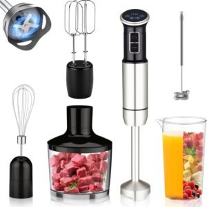 6 em 1 mixer de mão, 1000W, 8 velocidades, Exibição digital LCD, Vem com um copo de 860 ml, Triturador de 500 ml, Batedor de aço inoxidável com 4 pás, Adequado para sopas, smoothies e purés(127V)