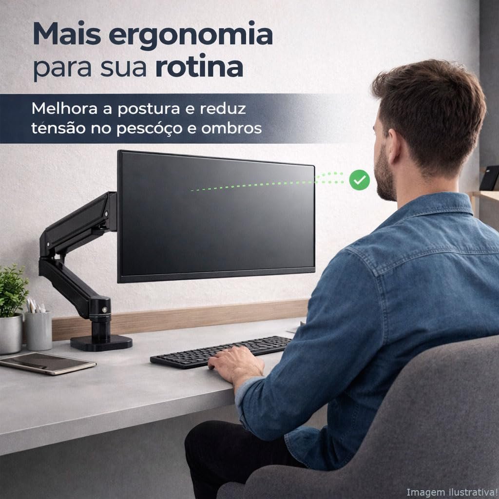 WK-MSP1, Suporte Ergonômico Articulado de Mesa com Pistão a Gás, Design Compacto e Retrátil para Monitores de 12'' a 32'', Suporta de 2kg a 10kg, Preto - Imagem 3