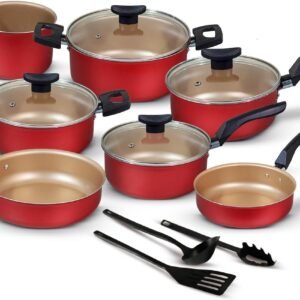 Jogo de Panelas 10 Peças Cereja Antiaderente c/Tampa de Vidro e Utensílios