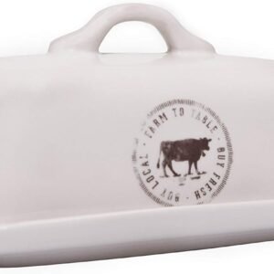 Creative Co-op Manteiga de grés com decalque de vaca, 17 cm de comprimento, branco