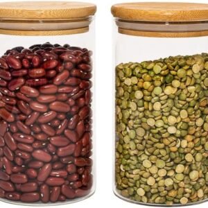 KIT 2 POTES DE VIDRO HERMÉTICO C/TAMPA DE BAMBU 600ML