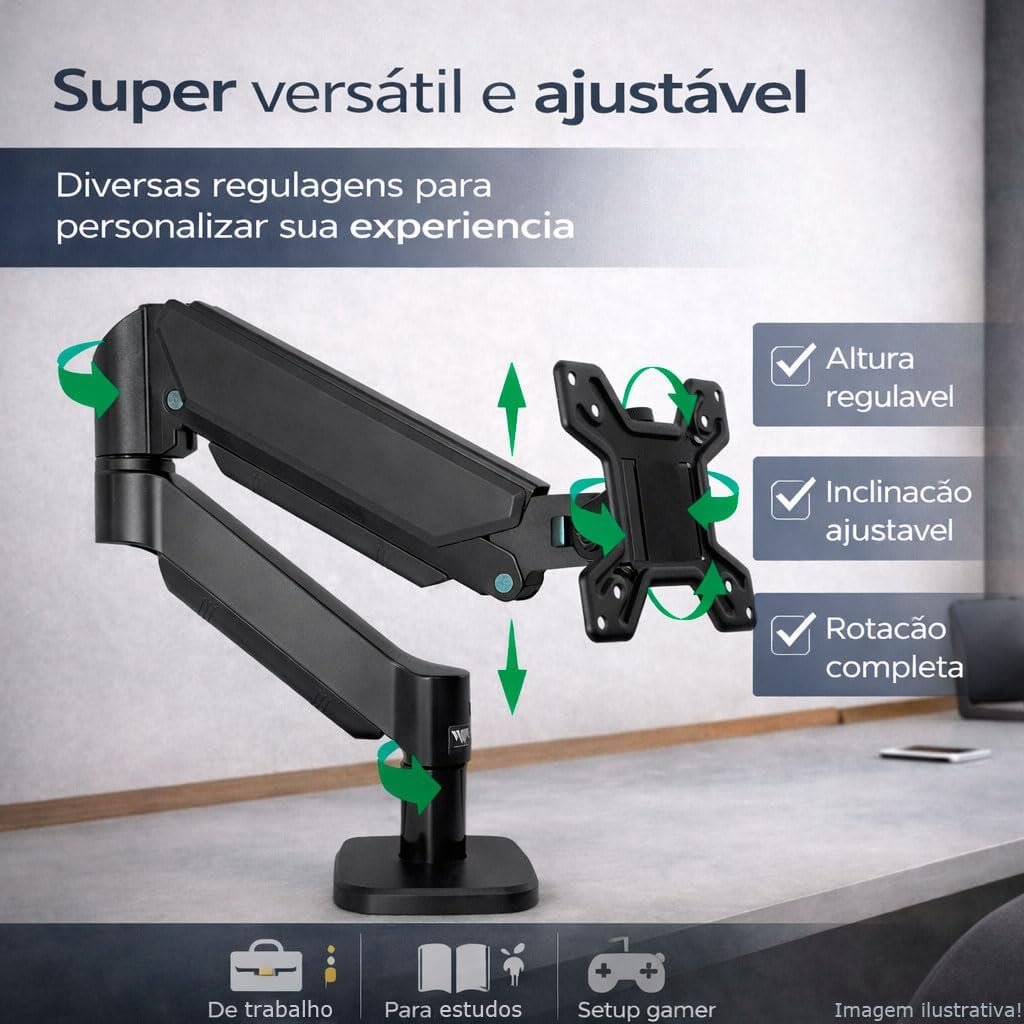 WK-MSP1, Suporte Ergonômico Articulado de Mesa com Pistão a Gás, Design Compacto e Retrátil para Monitores de 12'' a 32'', Suporta de 2kg a 10kg, Preto - Imagem 4