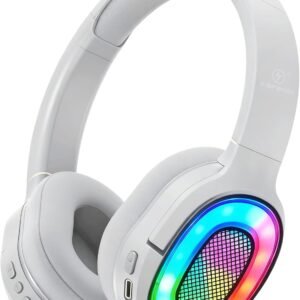 Fones de ouvido Bluetooth com luz LED, com microfone estéreo, fones de ouvido sem fio dobráveis, para viagens de jogos/escritório em casa/PC/celular（branco）