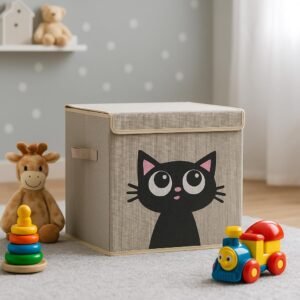Caixa Organizadora Infantil Brinquedos Linho Tampa Baú Animal Box Oky’s (GATA)