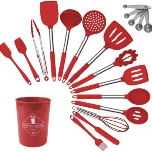 Kit 15 Utensílios De Cozinha Com Cabo De Inox e Silicone Premium (Vermelho)