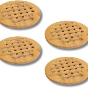 Descanso de Panela em Bambu Redondo 17cm, Base Térmica Antitérmica, Resistente ao Calor, Ecológico e Antiderrapante, 4 Unidades