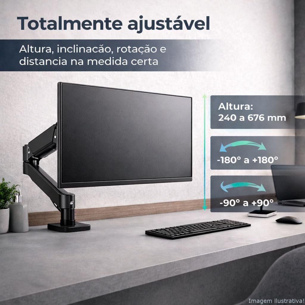 WK-MSP1, Suporte Ergonômico Articulado de Mesa com Pistão a Gás, Design Compacto e Retrátil para Monitores de 12'' a 32'', Suporta de 2kg a 10kg, Preto - Imagem 9