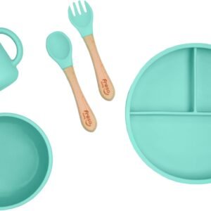 Freso Baby Kit Alimentação De Bebê Silicone Atóxico Livre Bpa Introdução Alimentar Blw Tigela Prato Ventosa Talher Infantil Fácil De Limpar Cor Verde