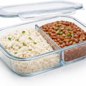 Pote Marmita de Vidro Borossilicato com Divisória | Pote Hermético 2 Compartimentos, 1040ml, 18×13,5x6cm