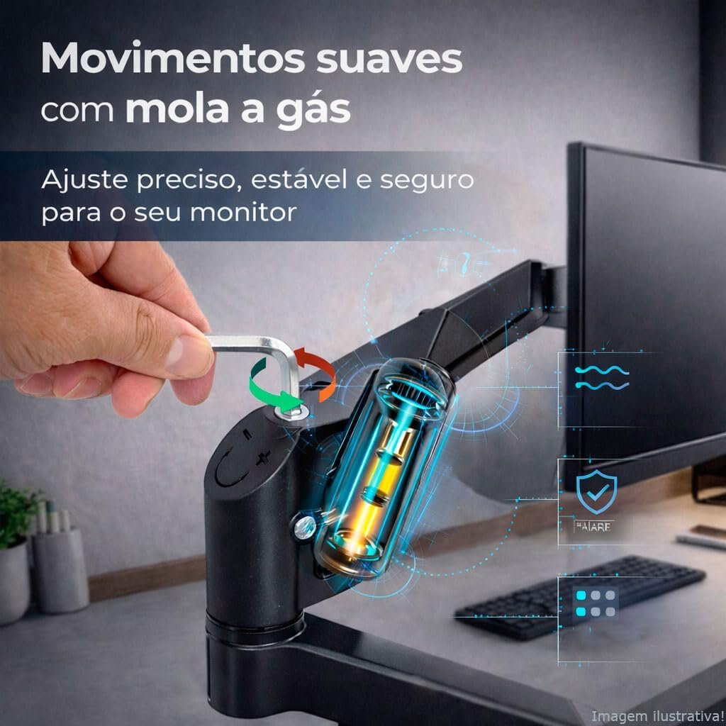 WK-MSP1, Suporte Ergonômico Articulado de Mesa com Pistão a Gás, Design Compacto e Retrátil para Monitores de 12'' a 32'', Suporta de 2kg a 10kg, Preto - Imagem 5