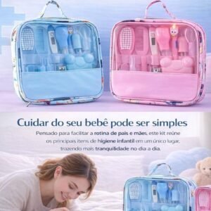 Kit Higiene Bebê 13 em 1 Completo com Termômetro Digital, Tesoura, Cortador de Unhas, Pente, Escova e Bolsa Organizadora – Livre de BPA – Cuidado Completo para Recém Nascido (Azul)