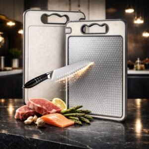 Tábua de Corte Inox para Cozinha Dupla Face Aço Inoxidável PP Superfície Higiênica para Carnes Vegetais Afiador Integrado Canaletas Antirespingo Base Antiderrapante Alça Ergonômica Linha Rhead Premium