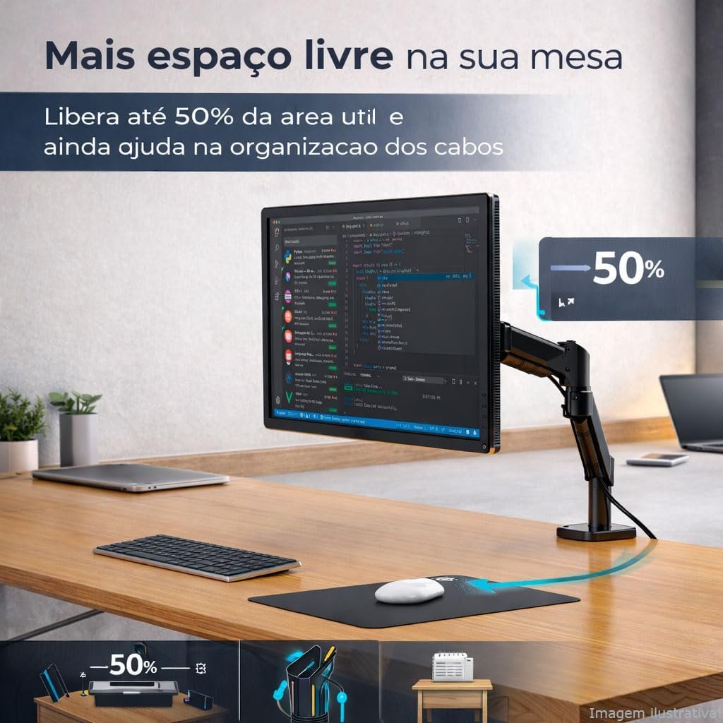 WK-MSP1, Suporte Ergonômico Articulado de Mesa com Pistão a Gás, Design Compacto e Retrátil para Monitores de 12'' a 32'', Suporta de 2kg a 10kg, Preto - Imagem 6