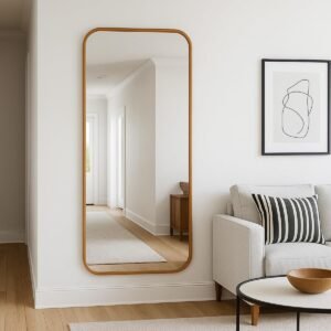 Espelho de Corpo Inteiro Retangular Cantos Arredondado 110×53 – Elegância e Amplitude para Seu Ambiente (Caramelo)
