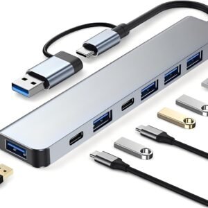 Hub USB-C e USB-A 3.0 Adaptador 7 em 2 Conversor Portátil Multiportas com USB 3.0 Tipo C Compatível com Notebook MacBook PC Pen Drive 5Gbps