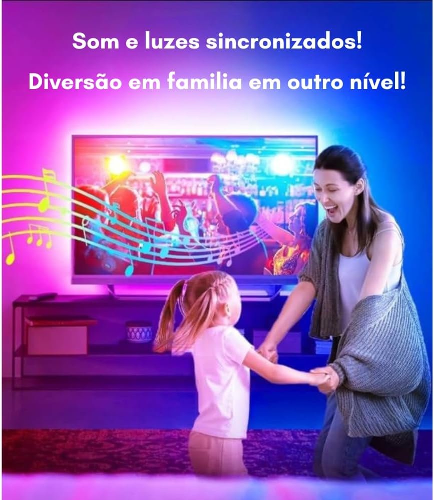 Fita LED RGB 5 Metros Com Controle Remoto, Sensor de Som, As Luzes Acompanham a Música, Entrada USB, Perfeita Para Salas de TV, Setup Gamer, Quartos, Bares e Festas, Decoração, Controle de Cores - Imagem 6