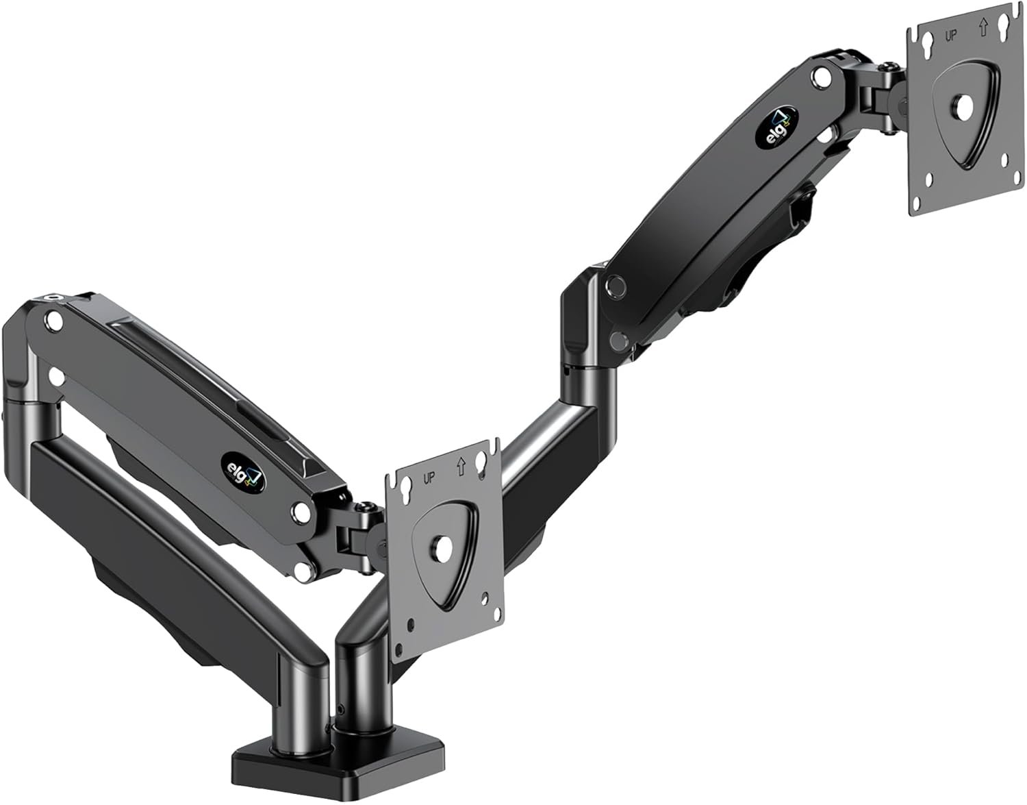 ELG, F160N, Suporte Articulado de Mesa com Pistão a Gás e Ajuste de Altura, 2 Monitores de 17” a 35”, Com Organizador de Cabos, Capacidade de 2kg a 9kg, Preto