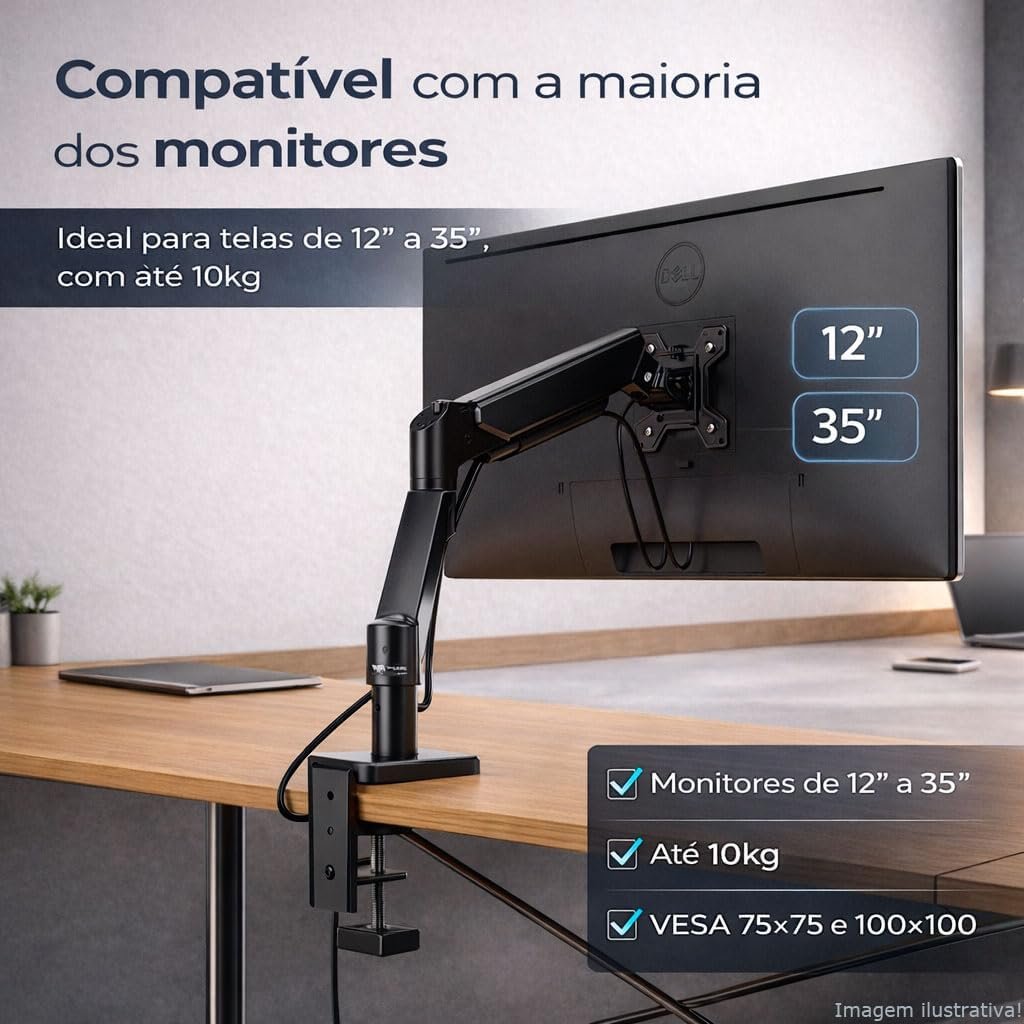WK-MSP1, Suporte Ergonômico Articulado de Mesa com Pistão a Gás, Design Compacto e Retrátil para Monitores de 12'' a 32'', Suporta de 2kg a 10kg, Preto - Imagem 7