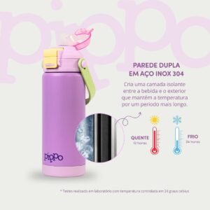 Pippo Garrafa Termica Infantil Tampla Dupla Função com Parede Dupla em Aço Inox Com Alça Sem BPA (Roxo)