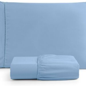 Jogo de Lençol Solteiro com Elástico 2 Peças Micropercal 400 Fios com Fronha Ponto Palito, Toque Acetinado de Hotel – Azul Claro (Azul Claro)