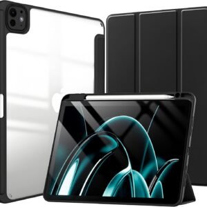 Capa para iPad Pro 11 Polegadas M5/M4 (2025/2024) 6ª/5ª Geração Capinha Protetora Fina Capa Traseira Transparente Proteção com Suporte para Lápis – Negro