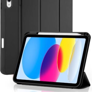 Capa para iPad (A16) 11ª / 10ª Geração (2025/2022) 10.9/11 Polegadas com Compartimento para Caneta Stylus Três Dobras Capinha Traseira em TPU Macio Função de Ativação/Suspensão Automática – Preto