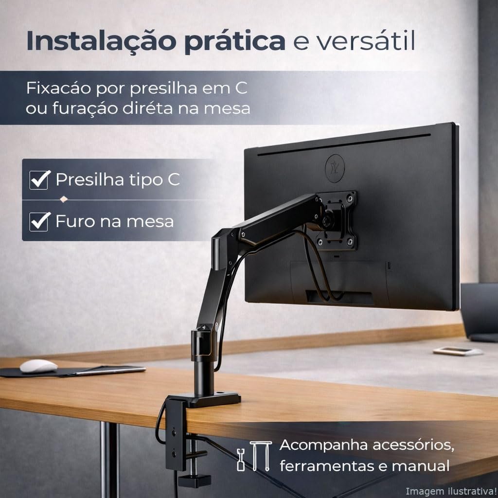 WK-MSP1, Suporte Ergonômico Articulado de Mesa com Pistão a Gás, Design Compacto e Retrátil para Monitores de 12'' a 32'', Suporta de 2kg a 10kg, Preto - Imagem 8