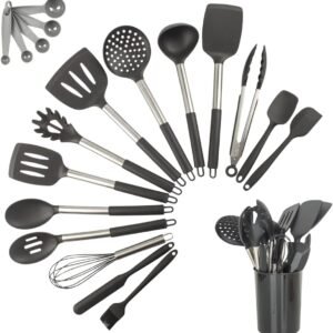Kit 15 Utensílios De Cozinha Com Cabo De Inox e Silicone Premium (Preto)