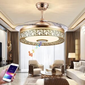 EKROTOK Ventiladores de Teto com Luz e Bluetooth 105CM, Ventilador Lustre com Lâmpada e Controle Remoto e Reprodutor de Música para Quarto, Sala de Jantar, Sala de Estar, 85-265V