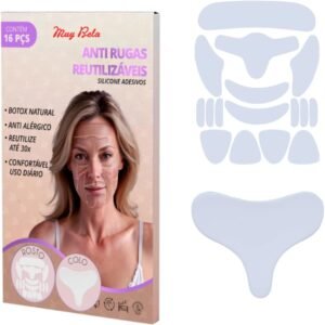 Kit 17 Adesivos Anti Rugas Silicone Reutilizável Muy Bela – Lifting Facial e Colo Patch Anti Idade Skin Care Estimula Colágeno Natural Lavável até 30x Reduz Linhas de Expressão Enquanto Dorme
