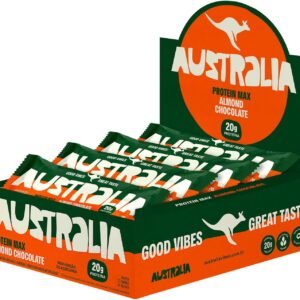 Australia Protein Max Almond Chocolate 70g, Barra de Proteína, Sem Glúten, Lactose e Açúcar Adicionado, Snack Saudável Plant-Based (12 unidades)