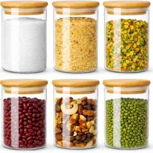 Kit 06 Potes Herméticos de Mantimentos 300ml Pote Redondo de Vidro com Tampa De Bambu Premium