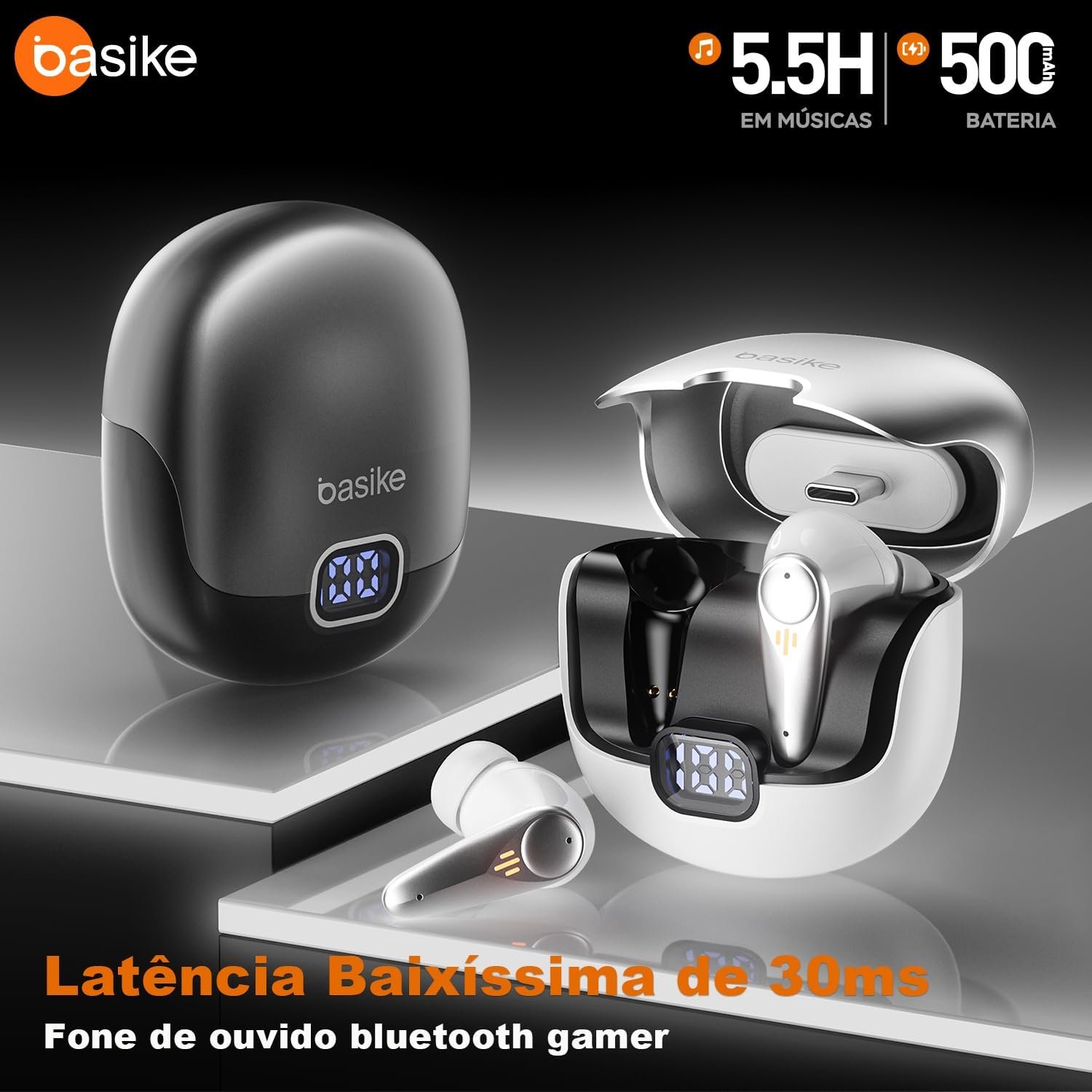 Basike Fone de Ouvido Gamer Sem Fio Bluetooth 5.4, Headset 2.4GHz com Baixa Latência 30ms, Mic ENC, Display LED, Receptor Type-C – PS5/4, Switch, PC, Steam Deck e VR – Preto - Imagem 2