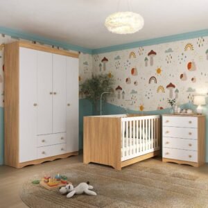 Quarto de Bebê Completo com Berço Americano 3 em 1 Realeza Multimóveis Mp4587 Madeirado/branco