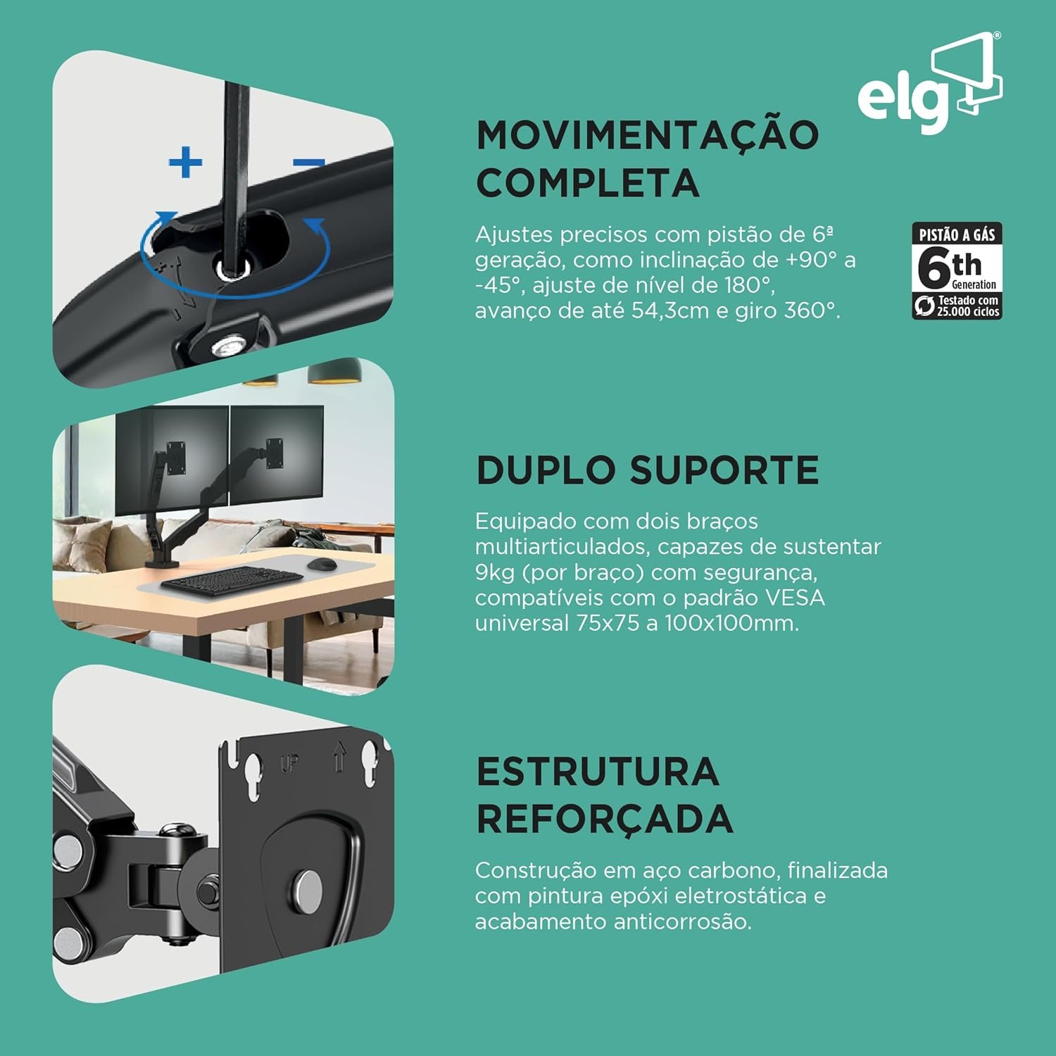 ELG, F160N, Suporte Articulado de Mesa com Pistão a Gás e Ajuste de Altura, 2 Monitores de 17” a 35”, Com Organizador de Cabos, Capacidade de 2kg a 9kg, Preto - Imagem 3