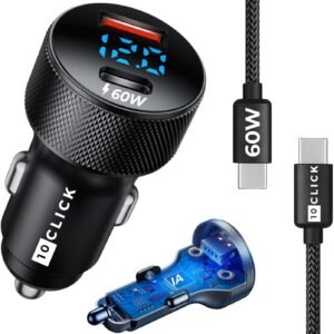 Carregador Veicular Turbo 60W Compatível iPhone 17 Air 17 Pro 17 Pro Max 16 16 Pro 16 Pro Max 15 15 Pro 15 Pro iPad iOS Cabo USB-C Celular Tipo-C Duas Saídas USB-A Rápida PD Ultra Resistente 10CLICK®