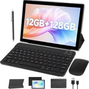 Tablet Android com capa protetora de teclado, mouse Stylus de 10 polegadas, conjunto de tablets 2 em 1, 12 GB + 128 GB/1 TB, câmera dupla, expansível, PC, tela HD de 10,1 polegadas, 6000 mAh, bateria