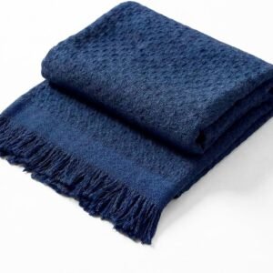 Decolab Manta para Sofá em Algodão com Franjas Artesanais | Cobertor Decorativo para Sofa, Poltrona e Cama | Estilo Boho Chic (Azul-marinho)