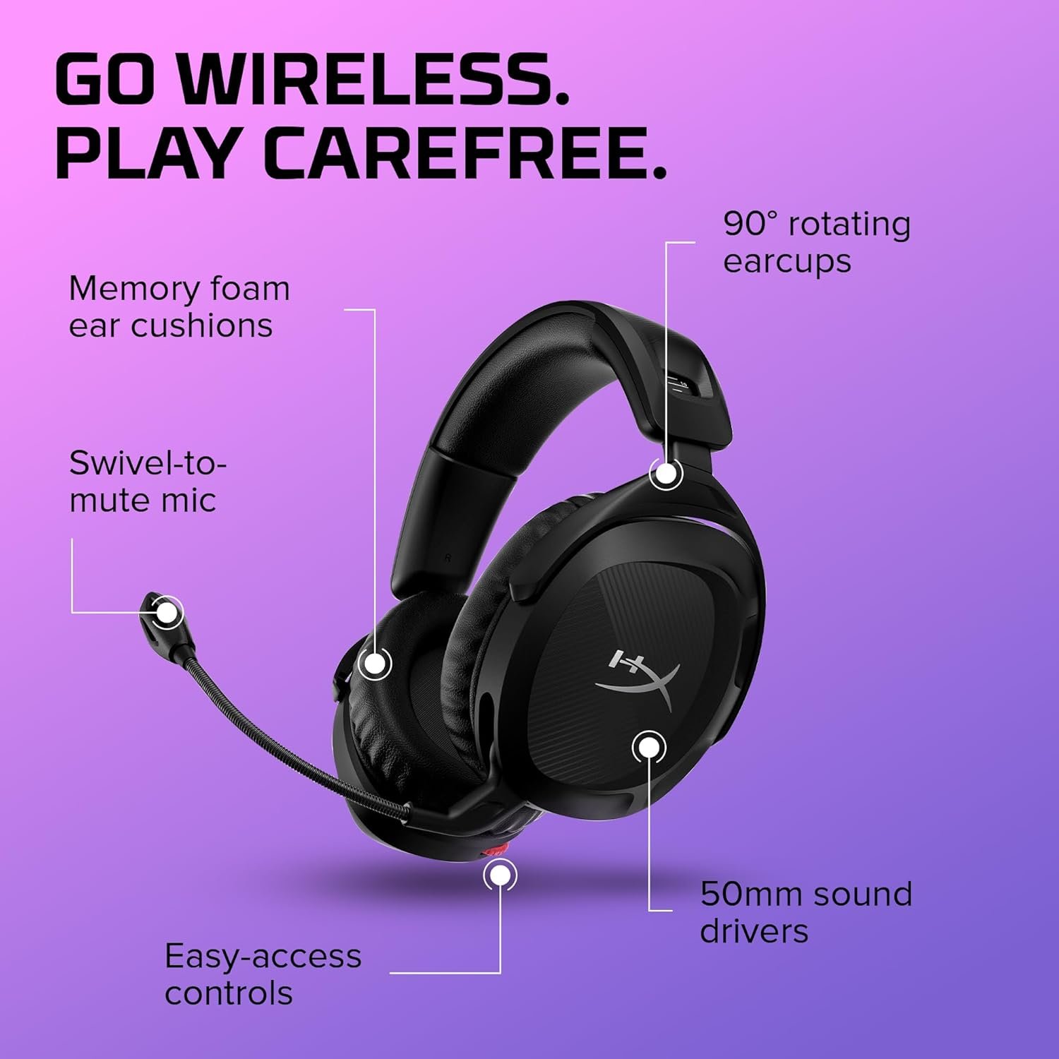 Headset Wireless HyperX Cloud Stinger 2 – Áudio Espacial DTS, Conexão 2,4 GHz, Bateria 20H, Conforto HyperX, Microfone Dobrável, Para Jogos e Streaming, Preto (676A2AA) - Imagem 6