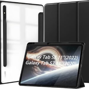 Capa para Samsung Galaxy Tab S8 e S7 11 Polegadas Capinha Protetora Fina Capa Traseira Transparente Proteção com Suporte para Lápis Anti-Impacto Auto Sleep Tampa Magnética – Negro