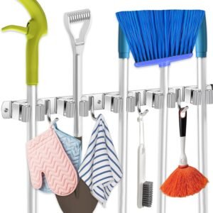 Suporte para Vassouras e Rodo de Parede com 9 Acessórios – Porta Vassoura de Parede em Aço Inoxidável Prático para Cozinha e Lavanderia