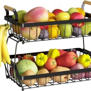Fruteira Cesto de Mesa 2 Andares em Metal Preto com Alça de Madeira pequena – Cesta Organizadora de Frutas Decorativa para Cozinha e Sala,Fruteira De Mesa Organizador De Frutas (2 Níveis com Alça)
