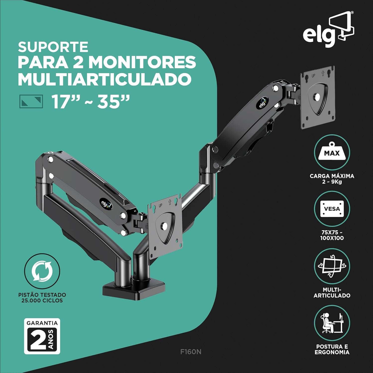 ELG, F160N, Suporte Articulado de Mesa com Pistão a Gás e Ajuste de Altura, 2 Monitores de 17” a 35”, Com Organizador de Cabos, Capacidade de 2kg a 9kg, Preto - Imagem 2