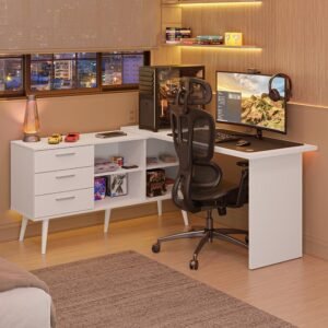 Escrivaninha Em L Mesa Para Computador Gamer 3 Gavetas Branco Lisboa Madesa