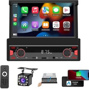Sistema Estéreo Automotivo Retrátil, multimidia 7 polegadas, CarPlay e Android Auto, Câmera de Ré e Controle no Volante – Ideal para Segurança Familiar e Entretenimento no Carro