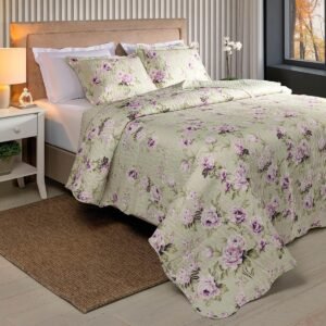 Kit Cobre Leito Colcha Boutis 3 Peças Nano Printing Matelado Ultrassônico Estampado Dupla Face Porta Travesseiro Aba Americana Micro Percal 150 Fios (Aurora Pistache, King)
