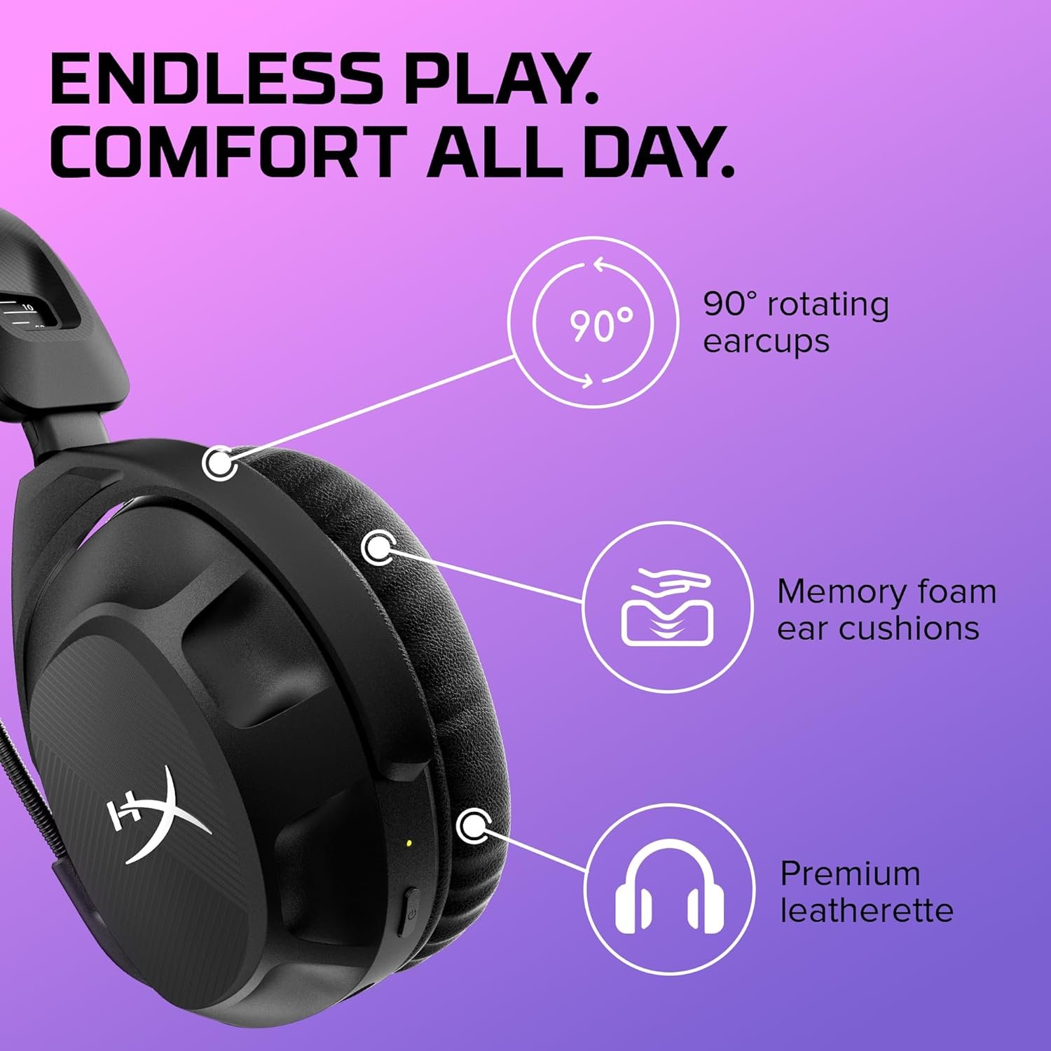 Headset Wireless HyperX Cloud Stinger 2 – Áudio Espacial DTS, Conexão 2,4 GHz, Bateria 20H, Conforto HyperX, Microfone Dobrável, Para Jogos e Streaming, Preto (676A2AA) - Imagem 5