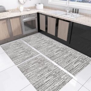 Tapete Kit de Cozinha Antiderrapante 3 Peças Mesclado Geométrico Conjunto Passadeira 1,30m x 45cm Capacho 65cm x 45cm Jogo Artesanal Cru Caramelo Preto (Riscato Preto)